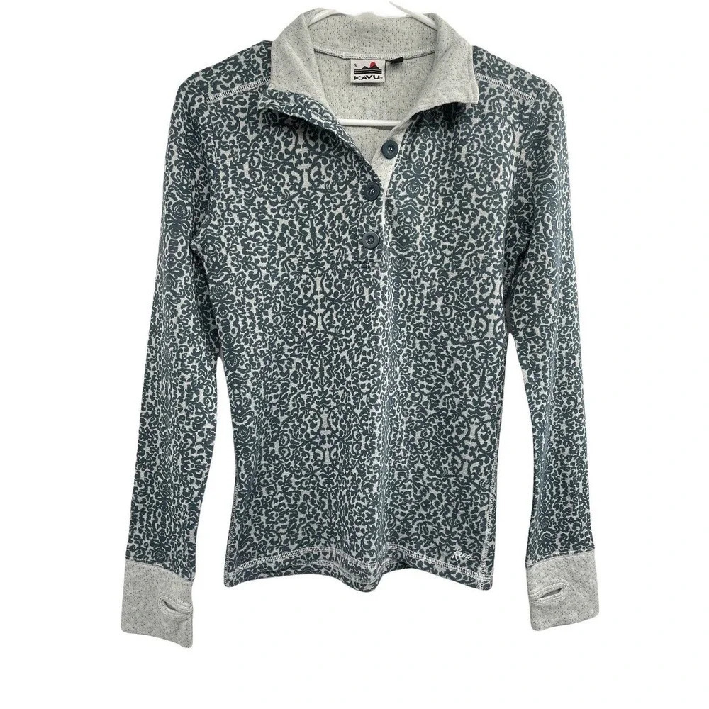Kavu Women's Size S Lopez Long Sleeve Mock Neck Shirt Top Thumb Holes Button - Picture 7 of 11
